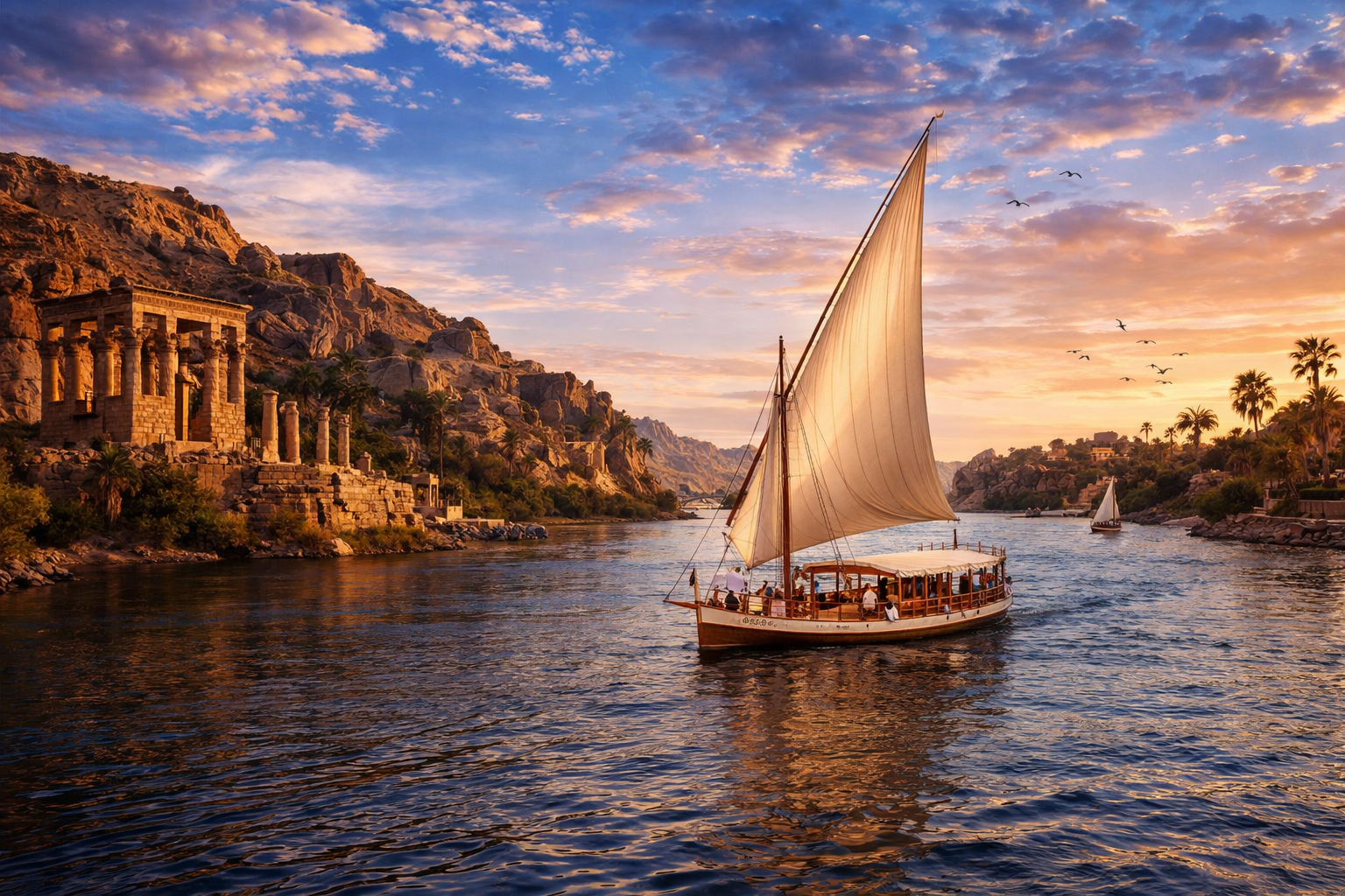 Luxor Nile Cruise — Dahabiya sailing the Nile at sunset